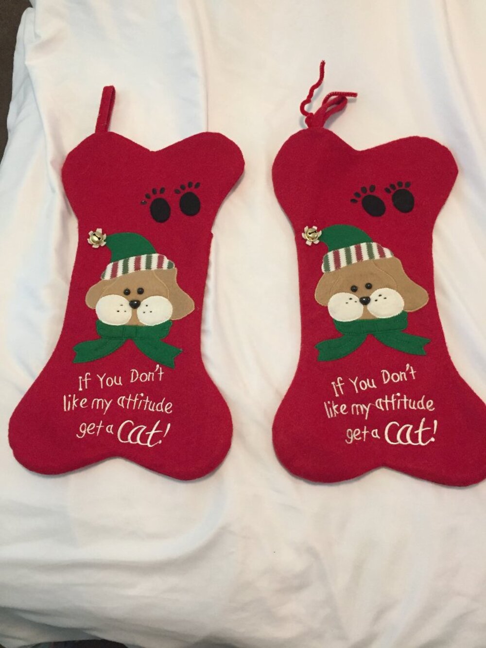 2 Dog Christmas Stockings If You Don't Like My Attitude Get a Cat! 18" EUC